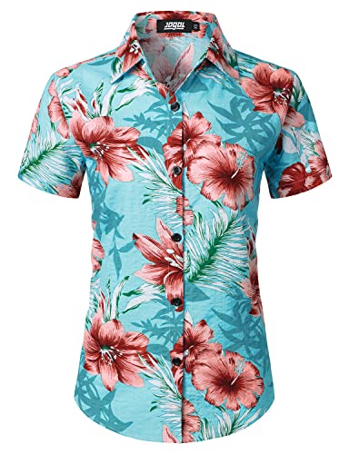 JOGAL Damen Casual Kurzarm Hawaiihemd Blumenmuster Strand Hawaiibluse Hellblau XX-Large von JOGAL