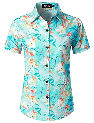 JOGAL Damen Casual Kurzarm Hawaiihemd Blumenmuster Strand Hawaiibluse Himmel Blau Mittel von JOGAL