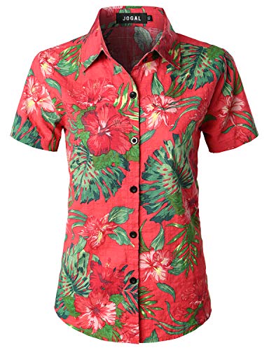 JOGAL Damen Casual Kurzarm Hawaiihemd Blumenmuster Strand Hawaiibluse Koralle Rot Klein von JOGAL