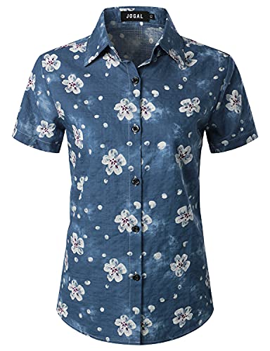 JOGAL Damen Casual Kurzarm Hawaiihemd Blumenmuster Strand Hawaiibluse Marineblau Polka Mittel von JOGAL