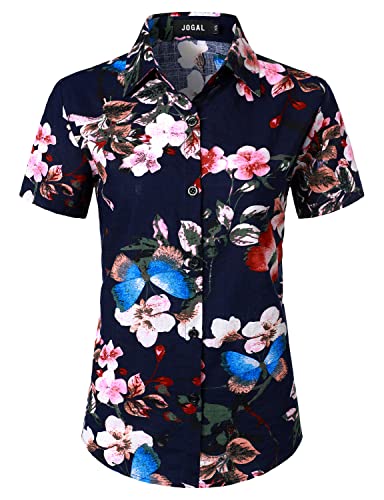 JOGAL Damen Casual Kurzarm Hawaiihemd Blumenmuster Strand Hawaiibluse Marineblau Schmetterling Klein von JOGAL