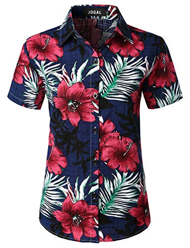 JOGAL Damen Casual Kurzarm Hawaiihemd Blumenmuster Strand Hawaiibluse Marineblau X-Large von JOGAL