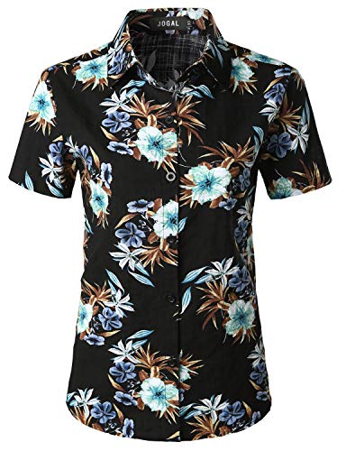 JOGAL Damen Casual Kurzarm Hawaiihemd Blumenmuster Strand Hawaiibluse Schwarz Floral Groß von JOGAL