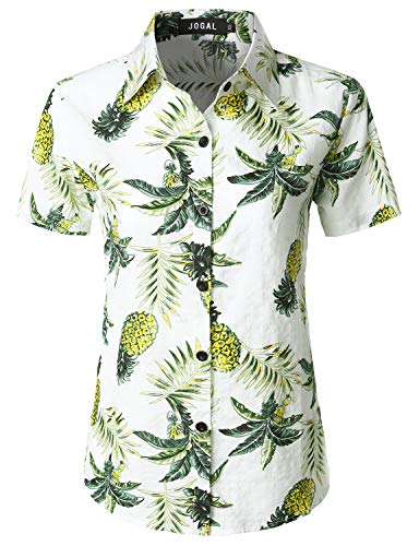 JOGAL Damen Casual Kurzarm Hawaiihemd Blumenmuster Strand Hawaiibluse Weiße Ananas Groß von JOGAL