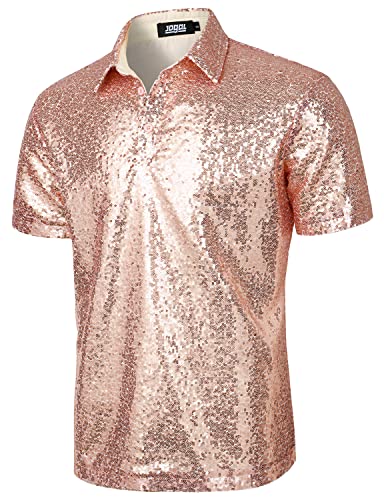 JOGAL Herren 70er Pailletten Hemd Kurzarm Disco Party Oberteile Nightclub Glitzer Poloshirts Champagne Groß von JOGAL