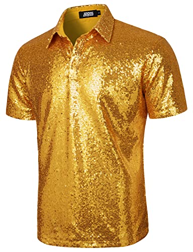 JOGAL Herren 70er Pailletten Hemd Kurzarm Disco Party Oberteile Nightclub Glitzer Poloshirts Gold Groß von JOGAL