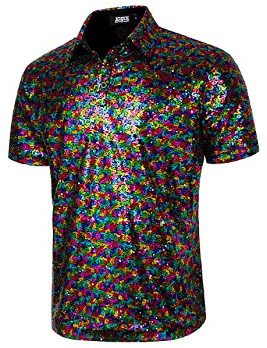 JOGAL Herren 70er Pailletten Hemd Kurzarm Disco Party Oberteile Nightclub Glitzer Poloshirts Mehrfarbig Mittel von JOGAL