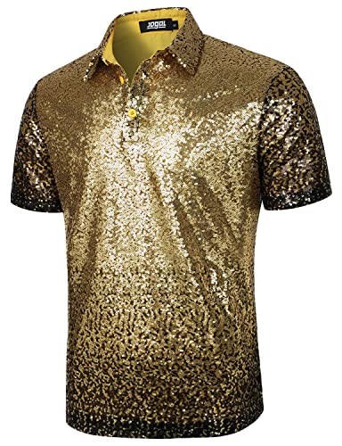 JOGAL Herren 70er Pailletten Hemd Kurzarm Disco Party Oberteile Nightclub Glitzer Poloshirts Schwarz Gold Mittel von JOGAL