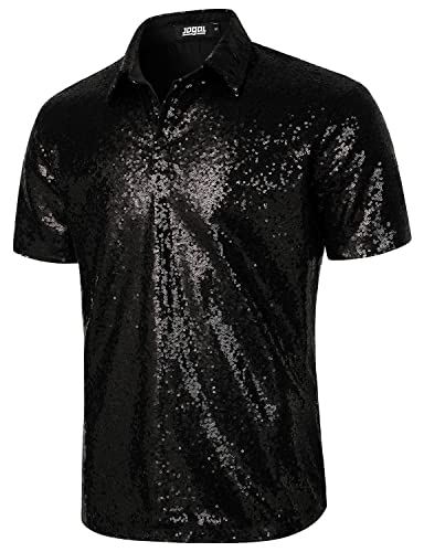 JOGAL Herren 70er Pailletten Hemd Kurzarm Disco Party Oberteile Nightclub Glitzer Poloshirts Schwarz Groß von JOGAL