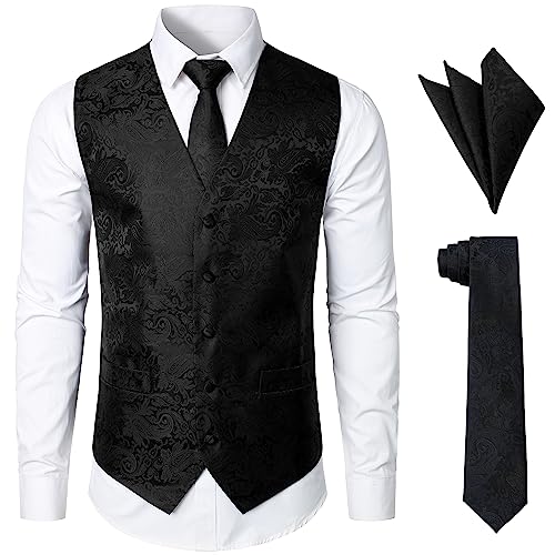 JOGAL Herren Anzugweste Paisley Krawatte Einstecktuch Taschentuch Jacquard Weste Anzug Set Männer Smoking Herrenwesten Small Schwarz von JOGAL