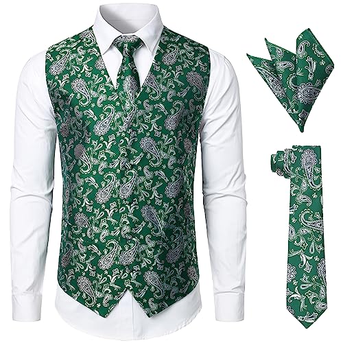 JOGAL Herren Anzugweste Paisley Krawatte Einstecktuch Taschentuch Jacquard Weste Anzug Set Männer Smoking Herrenwesten XX-Large Grün von JOGAL