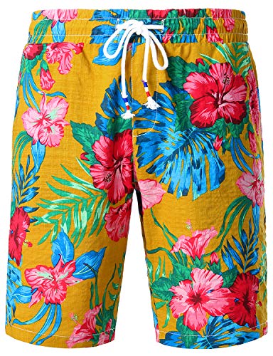 JOGAL Herren Blumen Feizeit Baumwolle Hawaii Shorts (Ingwer Gelb, XXX-Large) von JOGAL