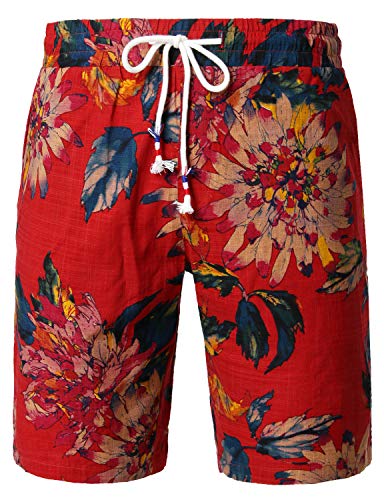 JOGAL Herren Blumen Feizeit Baumwolle Hawaii Shorts (Rot, Large) von JOGAL