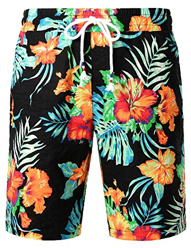 JOGAL Herren Blumen Feizeit Baumwolle Hawaii Shorts Medium A336 Schwarz von JOGAL