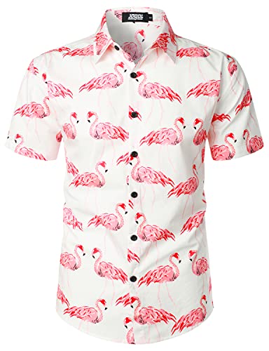 JOGAL Herren Blumen Hawaii Hemd Kurzarm Freizeit Baumwolle Sommer Strand Hemd Groß Weiß Rosa Flamingos von JOGAL