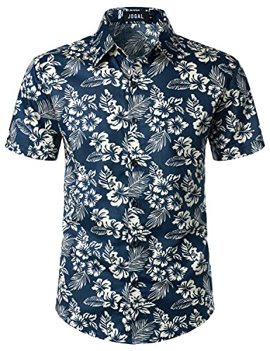 JOGAL Herren Blumen Hawaii Hemd Kurzarm Freizeit Baumwolle Sommer Strand Hemd Marine Beige Mittel von JOGAL