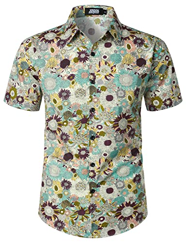 JOGAL Herren Blumen Hawaii Hemd Kurzarm Freizeit Baumwolle Sommer Strand Hemd Mittel Weiß Daisy von JOGAL