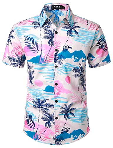 JOGAL Herren Blumen Hawaii Hemd Kurzarm Freizeit Baumwolle Sommer Strand Hemd Rosa Insel Groß von JOGAL