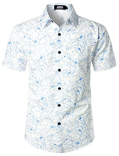 JOGAL Herren Blumen Hawaii Hemd Kurzarm Freizeit Baumwolle Sommer Strand Hemd Weiß Blau Klein von JOGAL