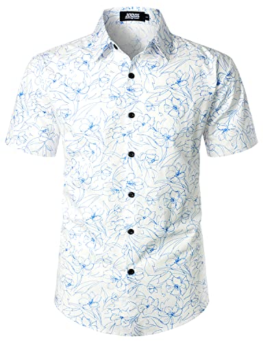 JOGAL Herren Blumen Hawaii Hemd Kurzarm Freizeit Baumwolle Sommer Strand Hemd Weiß Blau Mittel von JOGAL