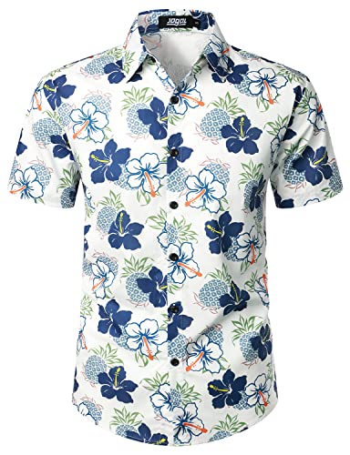 JOGAL Herren Blumen Hawaii Hemd Kurzarm Freizeit Baumwolle Sommer Strand Hemd Weiß Blume Groß von JOGAL