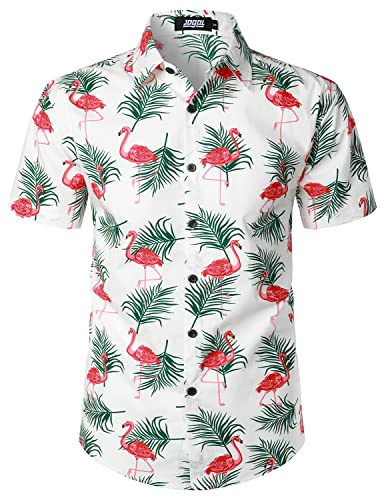 JOGAL Herren Blumen Hawaii Hemd Kurzarm Freizeit Baumwolle Sommer Strand Hemd Weiß Flamingos Klein von JOGAL