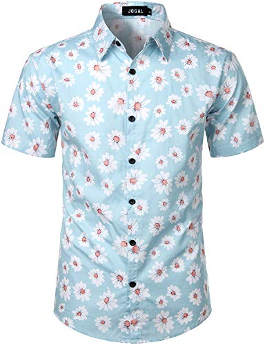 JOGAL Herren Blumen Kurzarm Baumwolle Hawaii Hemd 3X-Groß Himmel blau von JOGAL