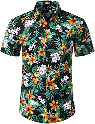 JOGAL Herren Blumen Kurzarm Baumwolle Hawaii Hemd 3X-Large SchwarzLilie von JOGAL