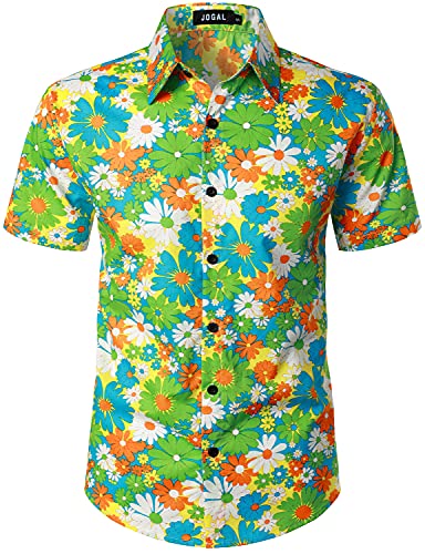 JOGAL Herren Blumen Kurzarm Baumwolle Hawaii Hemd Gelb Gänseblümchen Klein von JOGAL