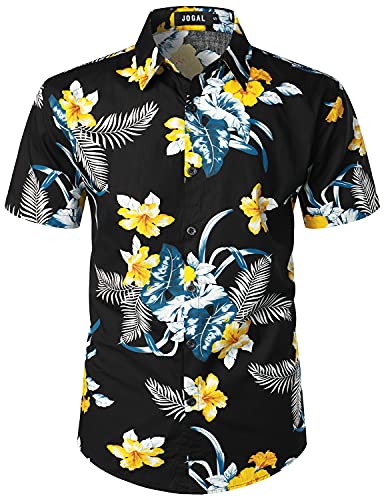 JOGAL Herren Blumen Kurzarm Baumwolle Hawaii Hemd Gelb Hibiskus Klein von JOGAL