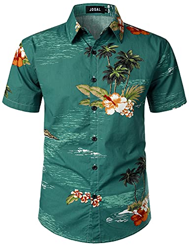 JOGAL Herren Blumen Kurzarm Baumwolle Hawaii Hemd Grüne Insel Mittel von JOGAL