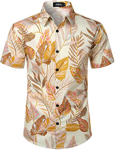 JOGAL Herren Blumen Kurzarm Baumwolle Hawaii Hemd Large Beige Gelb von JOGAL