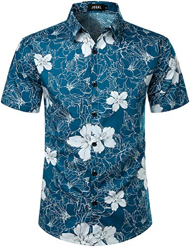 JOGAL Herren Blumen Kurzarm Baumwolle Hawaii Hemd Large Blau Weiß von JOGAL