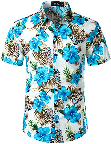 JOGAL Herren Blumen Kurzarm Baumwolle Hawaii Hemd Medium BlauHibiskus von JOGAL