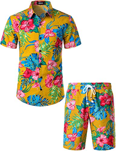 JOGAL Herren Blumen Kurzarm Baumwolle Hawaii Hemd Shorts Set (Ingwer Gelb, XXX-Large) von JOGAL