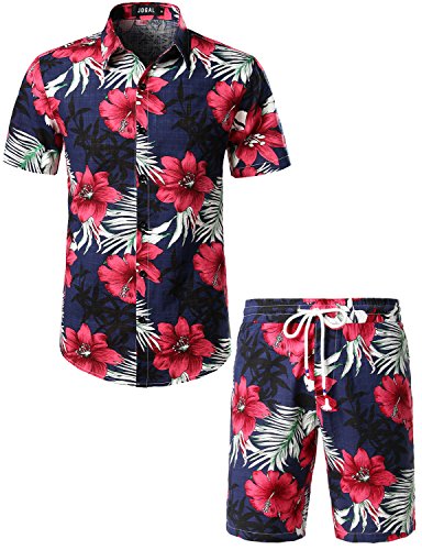 JOGAL Herren Blumen Kurzarm Baumwolle Hawaii Hemd Shorts Set (Marine, XXX-Large) von JOGAL