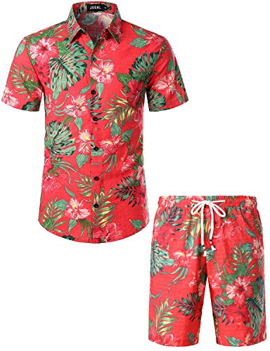 JOGAL Herren Blumen Kurzarm Baumwolle Hawaii Hemd Shorts Set 3X-Large Korallrot von JOGAL