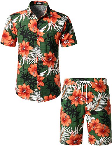 JOGAL Herren Blumen Kurzarm Baumwolle Hawaii Hemd Shorts Set Large Grün von JOGAL