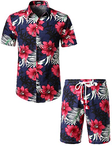 JOGAL Herren Blumen Kurzarm Baumwolle Hawaii Hemd Shorts Set Large Navy von JOGAL