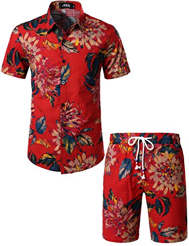 JOGAL Herren Blumen Kurzarm Baumwolle Hawaii Hemd Shorts Set Large Rot von JOGAL