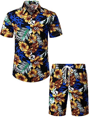 JOGAL Herren Blumen Kurzarm Baumwolle Hawaii Hemd Shorts Set Large Schwarz Gold von JOGAL