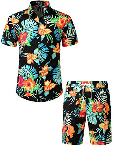 JOGAL Herren Blumen Kurzarm Baumwolle Hawaii Hemd Shorts Set Large Schwarz von JOGAL
