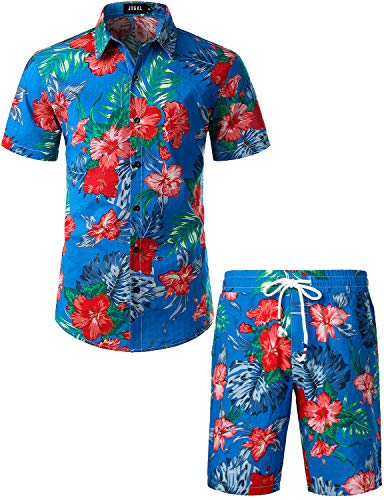 JOGAL Herren Blumen Kurzarm Baumwolle Hawaii Hemd Shorts Set Large SeeBlau von JOGAL