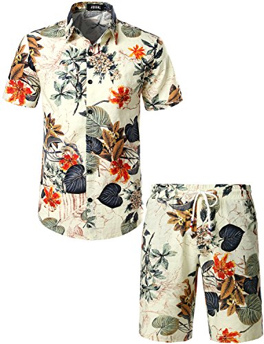 JOGAL Herren Blumen Kurzarm Baumwolle Hawaii Hemd Shorts Set Large Weiß von JOGAL