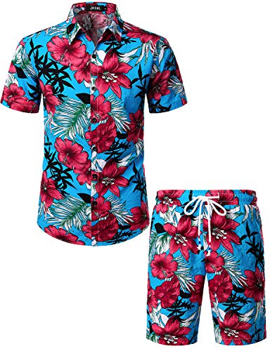 JOGAL Herren Blumen Kurzarm Baumwolle Hawaii Hemd Shorts Set Small Himmelblau von JOGAL