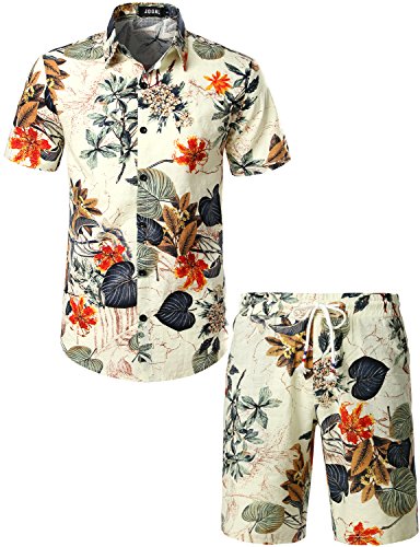 JOGAL Herren Blumen Kurzarm Baumwolle Hawaii Hemd Shorts Set Small Weiß von JOGAL