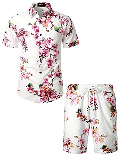 JOGAL Herren Blumen Kurzarm Baumwolle Hawaii Hemd Shorts Set Sommer Strandhemd Männer Mittel Weiß Pfirsich von JOGAL