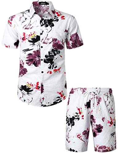 JOGAL Herren Blumen Kurzarm Baumwolle Hawaii Hemd Shorts Set Sommer Strandhemd Männer Mittel Weiß Rosa von JOGAL