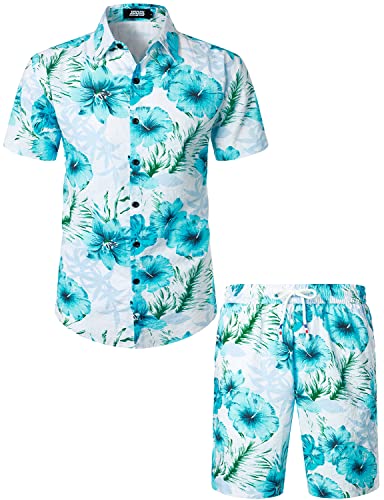 JOGAL Herren Blumen Kurzarm Baumwolle Hawaii Hemd Shorts Set Sommer Strandhemd Männer X-Large Weiß Blau von JOGAL