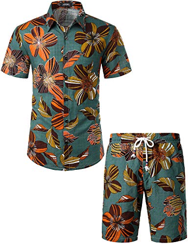 JOGAL Herren Blumen Kurzarm Baumwolle Hawaii Hemd Shorts Set X-Large GrünVintage von JOGAL